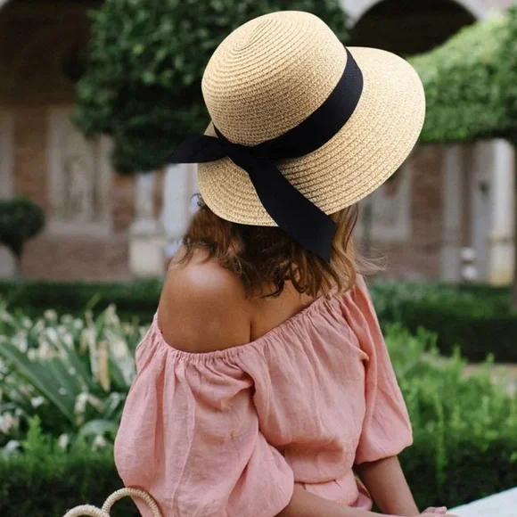 Furtalk Wide Ribbon Straw Beach Sun Hat tan khaki beige with black size medium - Picture 3 of 11